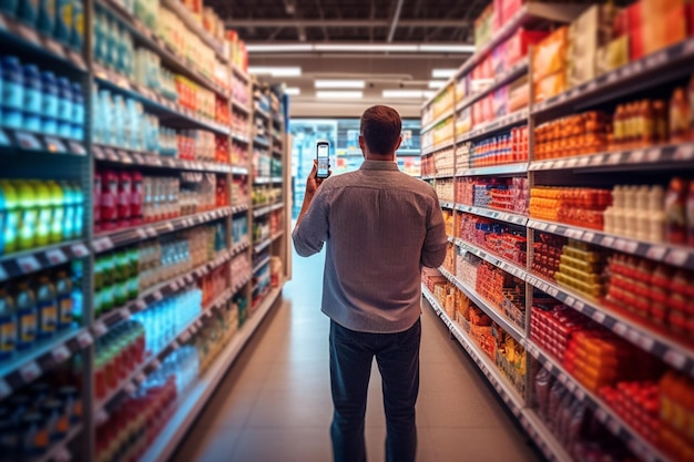 Een gelukkige man gebruikt haar mobiele telefoon in een supermarkt met Generative AI