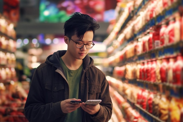 Een gelukkige man gebruikt haar mobiele telefoon in een supermarkt met Generative AI