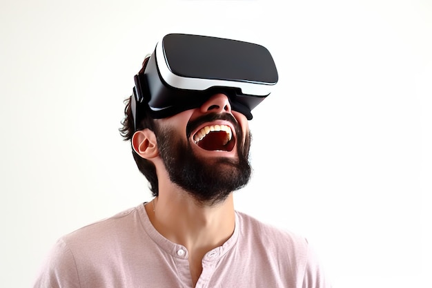 een gelukkige man met een virtual reality-headset op een witte achtergrond