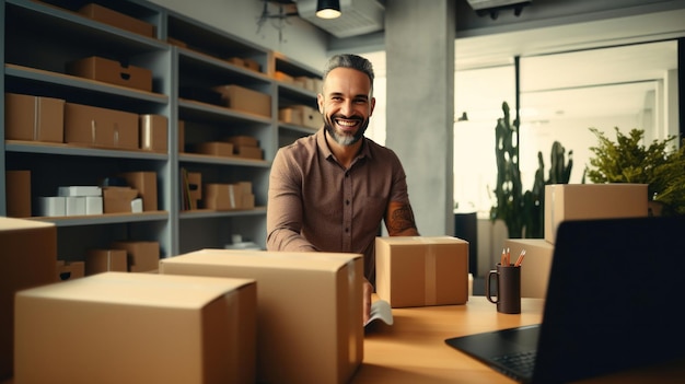 Een gelukkige man op kantoor die dozen voorbereidt en verkopen aflevert Concept van het verkopen van producten online
