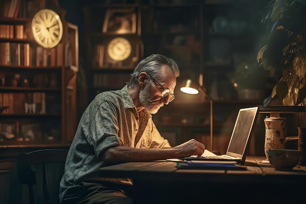 Een gelukkige man werkt 's nachts op zijn laptop
