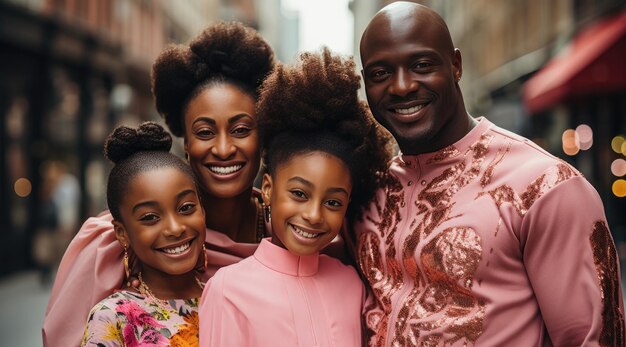 Een gelukkige mode Afro-Amerikaanse familie met heldere vaste lichte kleuren kleding op straat