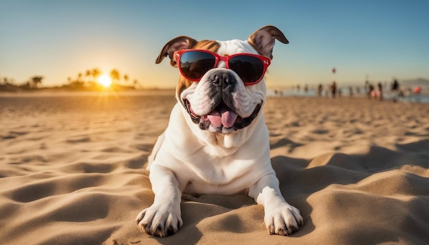 Een gelukkige mops met een zonnebril onder het verzonken Californische strand.