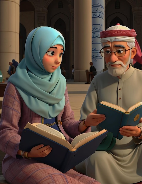 Een gelukkige moslimfamilie jonge vader met kind die een heilig boek Koran leest in de moskee