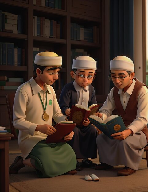 Een gelukkige moslimfamilie jonge vader met kind die een heilig boek Koran leest in de moskee