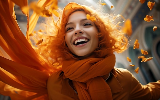 Een gelukkige moslimvrouw met een levendige oranje hijab AI