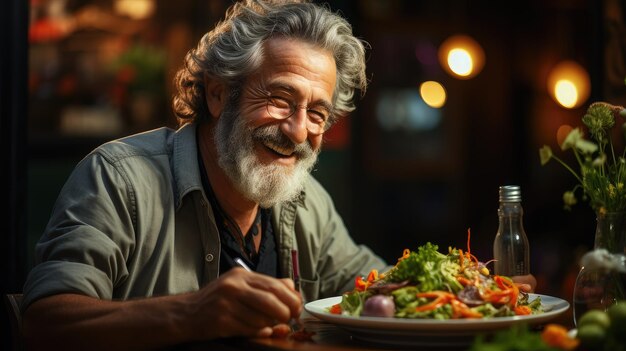 Een gelukkige oudere man eet een groente salade vegetarianisme gezonde levensstijl in de volwassenheid