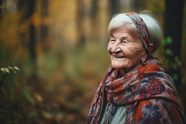 Een gelukkige oudere vrouw die in het bos staat, gemaakt met generatieve AI.