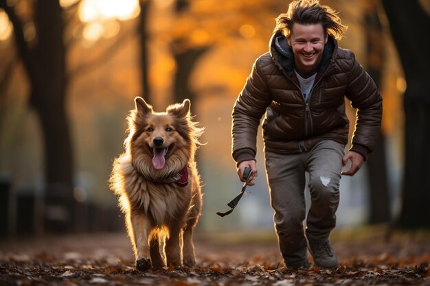 Een gelukkige puppy en zijn eigenaar spelen in een park AI