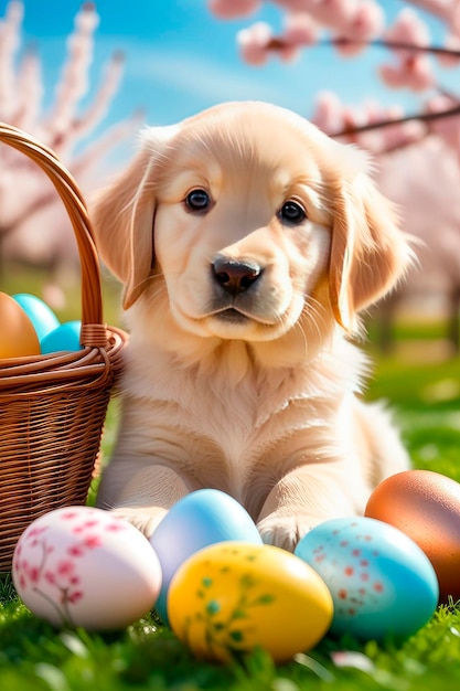 Een gelukkige puppy zit in het groene gras op een lente dag in kersenbloesem.