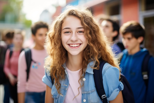 Een gelukkige schattige slimme jongen met een stijlvol kapsel met een schooltas en notitieboeken in zijn hand loopt lat