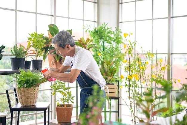 Een gelukkige senior Aziatische gepensioneerde man sproeien en drenken boom geniet van vrijetijdsbesteding thuis