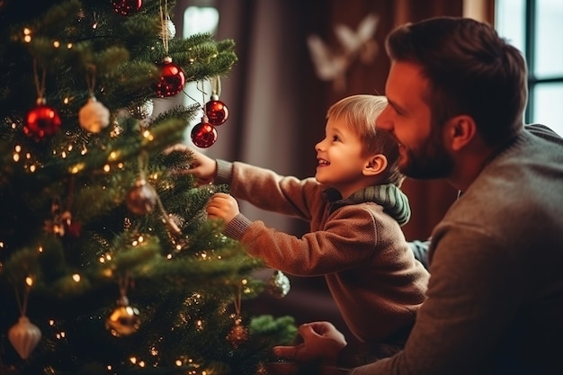 Een gelukkige vader en zoon versieren een kerstboom op kerstavond AI-generatie