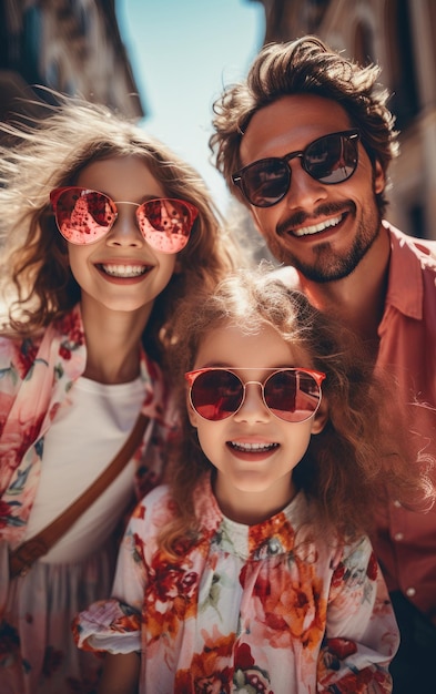 Een gelukkige vogue modefamilie met heldere vaste lichte kleuren kleding op straat