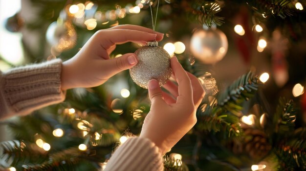 Een gelukkige vrouw die een kerstboom versiert met een wit ornament