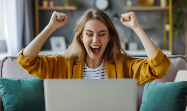 Foto een gelukkige vrouw die een overwinning of zakelijk succes viert en thuis aan een laptop werkt