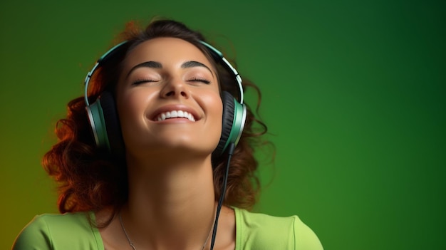 een gelukkige vrouw die muziek luistert in een koptelefoon op een donkergroene achtergrond generatieve AI