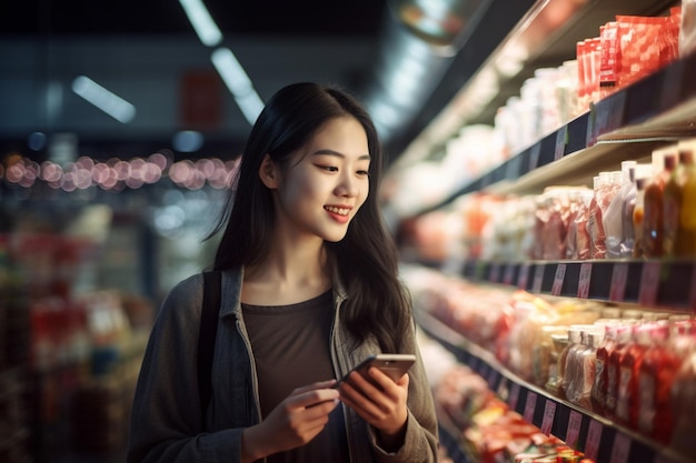 Een gelukkige vrouw gebruikt haar mobiele telefoon in een supermarkt met Generative AI