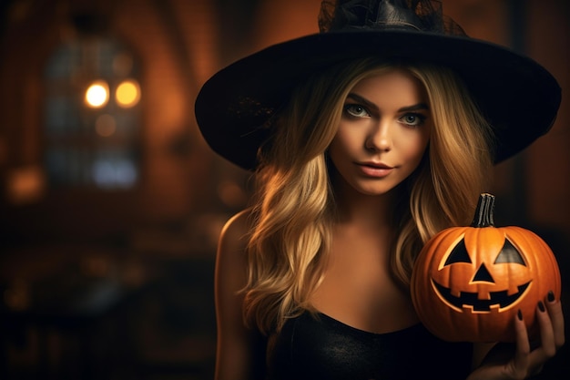 Een gelukkige vrouw gekleed in een heks Halloween kostuum houdt een oranje pompoen met Generative AI