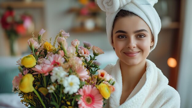 Een gelukkige vrouw met een handdoek hoed met een bloemenboeket glimlachend