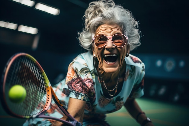 Een gelukkige vrouw met grijs haar met een bril speelt tennis met een racket en tennisbal op de baan