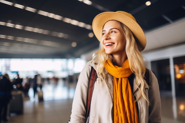 Een gelukkige vrouw op de luchthaven omdat ze gaat reizen.