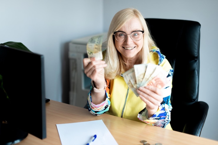 Foto een gelukkige vrouw van middelbare leeftijd die eurogeld telt en aantekeningen maakt aan een bureau in het thuiskantoor