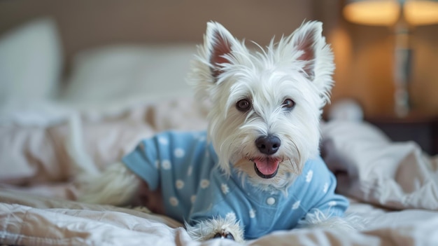 Een gelukkige witte westerse hooglandterrier die een blauwe pyjama draagt en in een bed zit