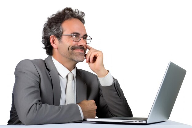 Foto een gelukkige zakenman in het kantoor zit en werkt aan een computer of laptop op een witte achtergrond