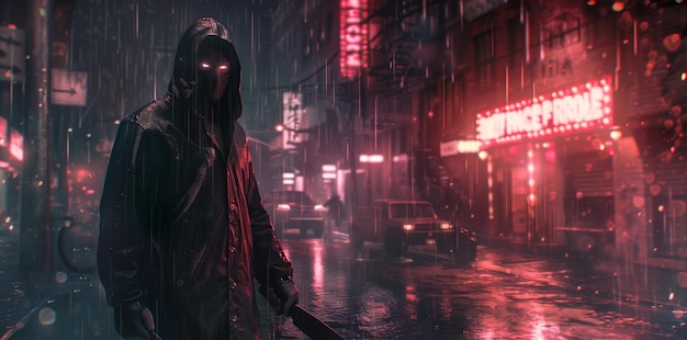 Een gemaskerde man met een mes op een regenachtige straat.