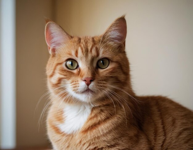 een gemberkat met groene ogen zit en kijkt aandachtig naar de camera tegen een beige muur