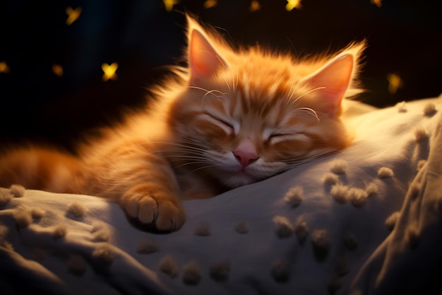 Een gemberkat slaapt op een kussen De gembervermoeide kat AI gegenereerd