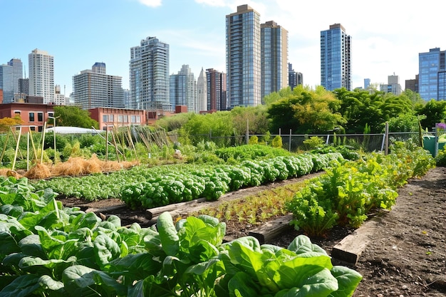 Een gemeenschappelijke groentetuin in een stedelijke omgeving grote stad op de achtergrond
