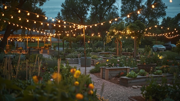 Een gemeenschapstuin met zonne-aangedreven strijkverlichting creëert een prachtige en duurzame sfeer voor