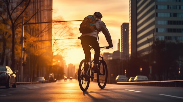 Een generatieve afbeelding van een food delivery man die op een fiets op een stadsstraat rijdt met een grote rugzak bij zonsondergang