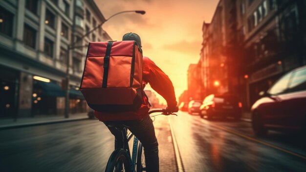 Een generatieve afbeelding van een food delivery man die op een fiets op een stadsstraat rijdt met een grote rugzak bij zonsondergang