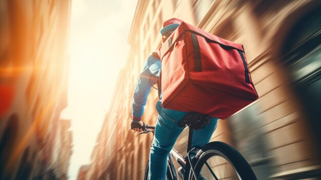 Een generatieve afbeelding van een food delivery man die op een fiets op een stadsstraat rijdt met een grote rugzak bij zonsondergang