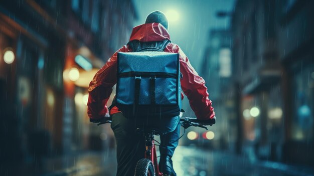 Een generatieve afbeelding van een food delivery man die op een fiets op een stadsstraat rijdt met een grote rugzak in de regen