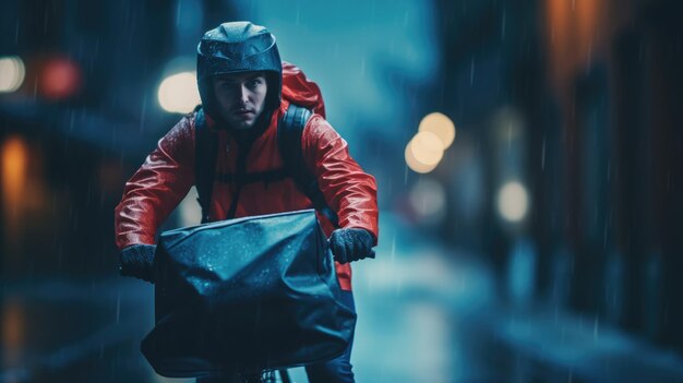 Een generatieve afbeelding van een food delivery man die op een fiets op een stadsstraat rijdt met een grote rugzak in de regen