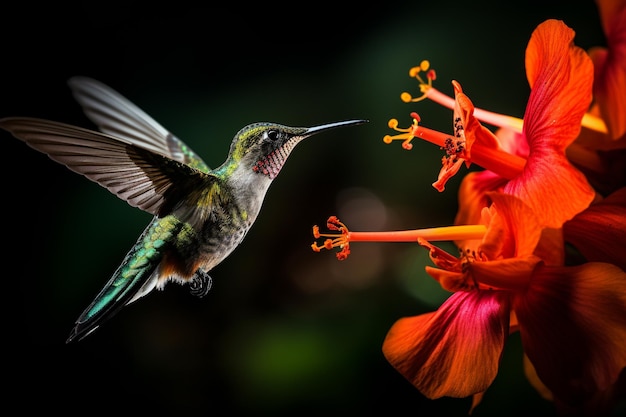 een Generatieve AI Macro-opname van een kolibrie die nectar drinkt van een levendige tropische bloem