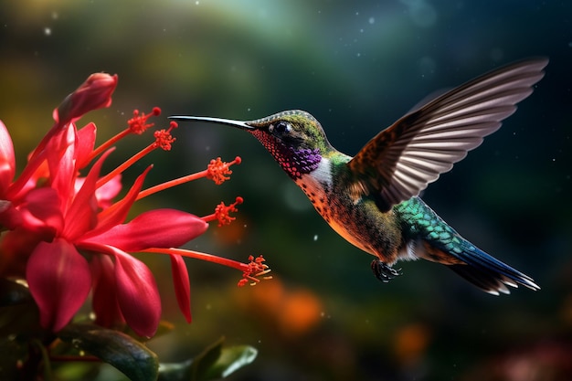 een Generatieve AI Macro-opname van een kolibrie die nectar drinkt van een levendige tropische bloem