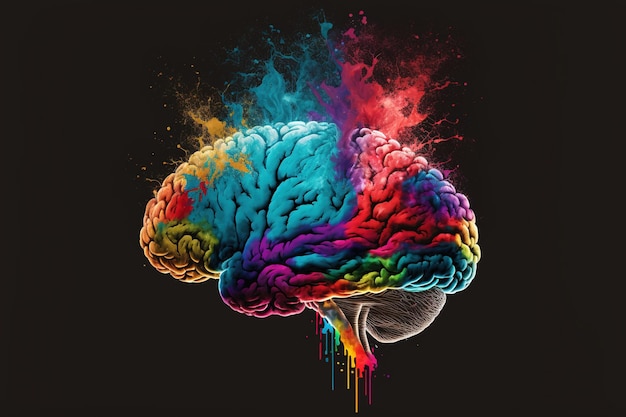 Een geniale abstracte schilderkunst van het menselijk brein met creatieve aquarelplons