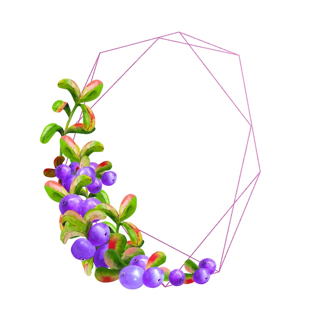 Een geometrisch frame met rijpe grote bessen op een witte achtergrond