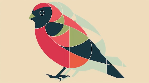 Een geometrische illustratie van een rode vogel De vogel kijkt naar links van de kijker en bestaat uit eenvoudige geometrische vormen in gedempte tonen