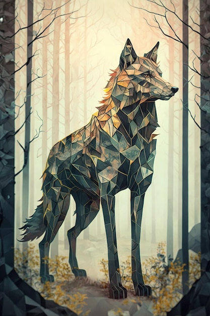 Een geometrische wolf in het bos met bladeren op de rug