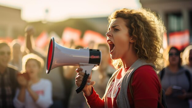 Een gepassioneerde vrouw schreeuwt in een megafoon en leidt een menigte tijdens een protestdemonstratie