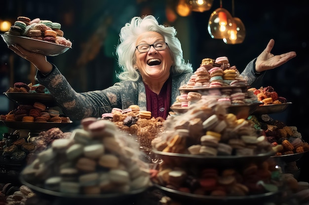 Een gepensioneerde vrouw met een grote stapel snoepjes in haar handen die zich verheugt in de vakantie