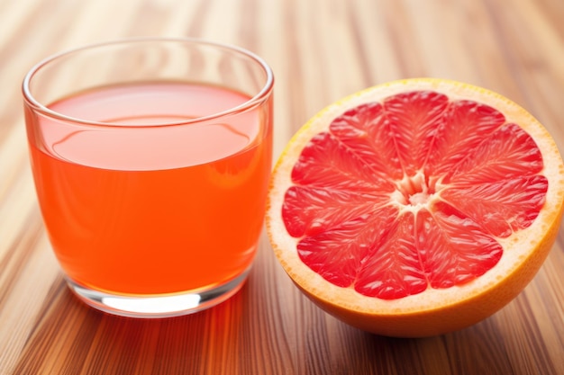 Een geperste helft van een grapefruit naast een glas sap