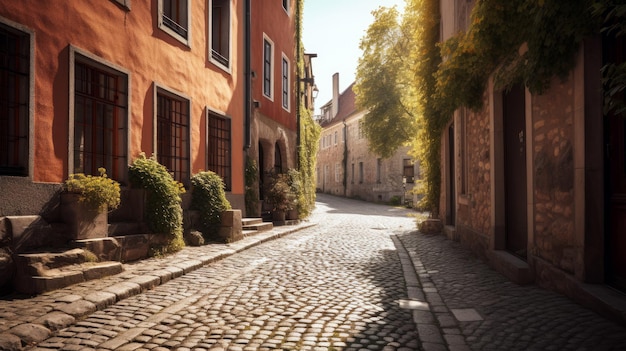 Een geplaveide straat met een gemetselde straat en een bord met 'cobblestone'