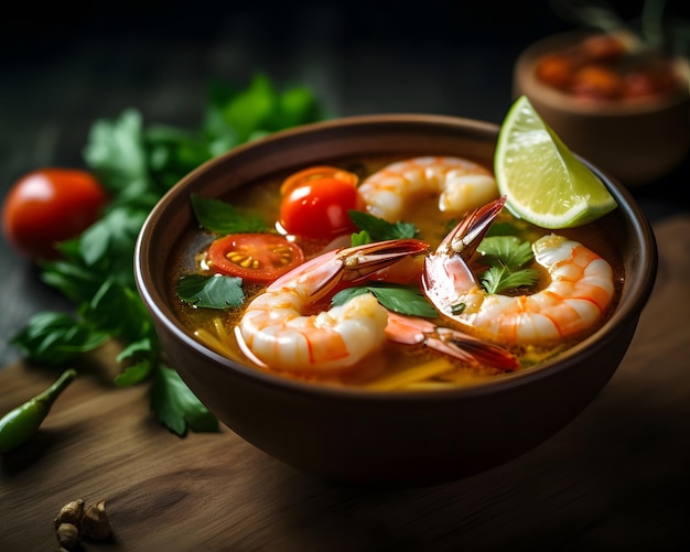 Een gerecht van hete en zure tom yum-soep met garnalen en citroengras Generative AI